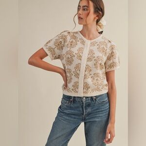 &merci, Floral Knit Short Puff Sleeve sweater  in Taupe Beige, Size S | MSW11215